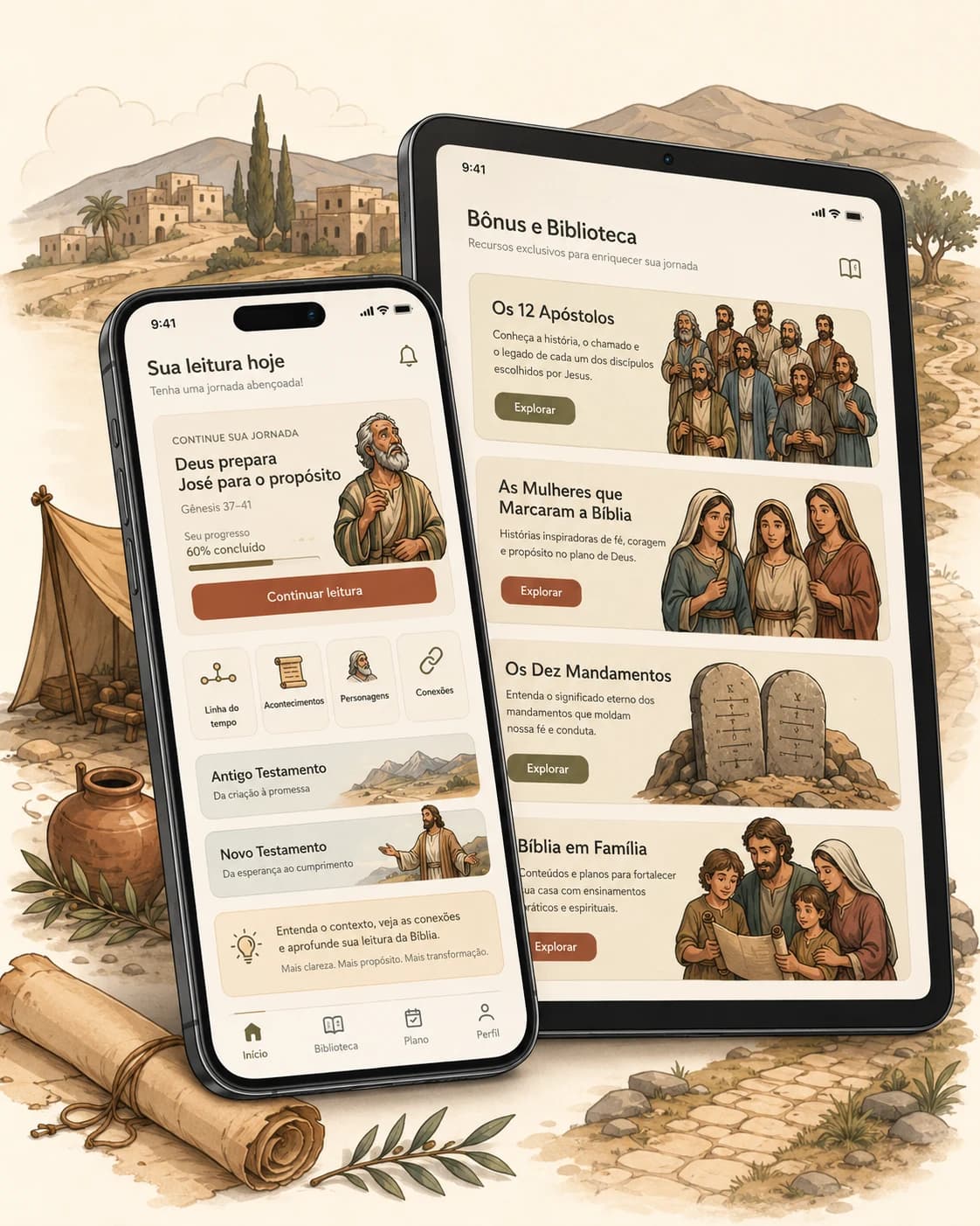 A Grande História em um celular e tablet, mostrando a linha do tempo e os materiais bíblicos