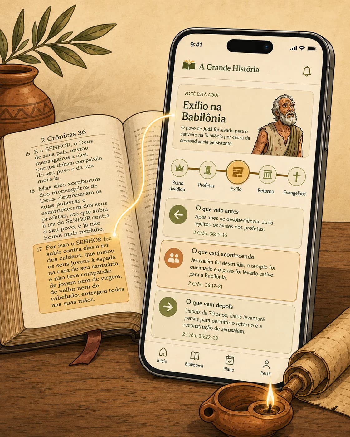 A Grande História ao lado da Bíblia, com a jornada visual aberta no celular